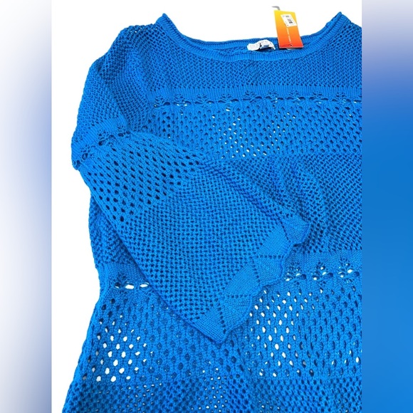 Joseph A Women's Blue Mesh Knit Top Size XL New Boho Peasant Fringed Turquoise - Picture 3 of 7